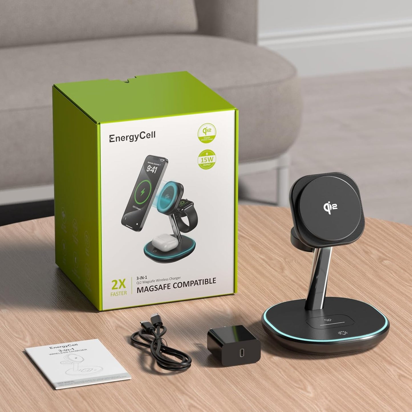 EnergyCell 15W Fast Qi2 Charger: 3-in-1 Magnetic Station for Apple Devices