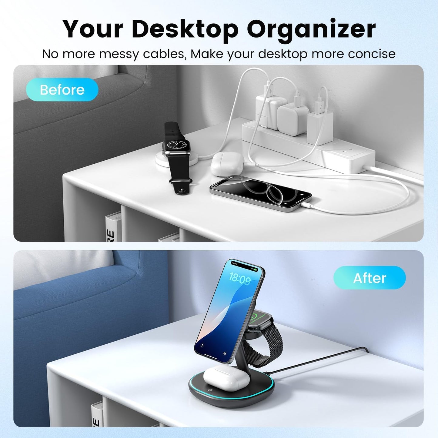 3-in-1 Charging Station, 2X Faster 15W Wireless Charging Station for iPhone
