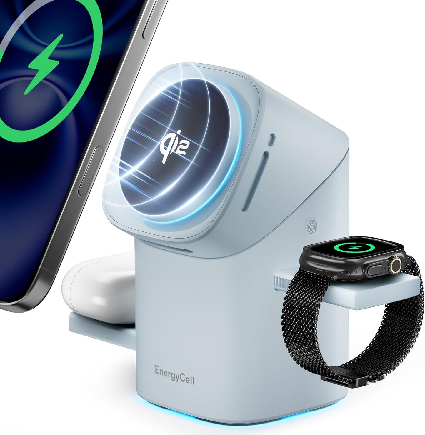 EnergyCell Qi2 Certified Rotating 3-in-1 Wireless Charger