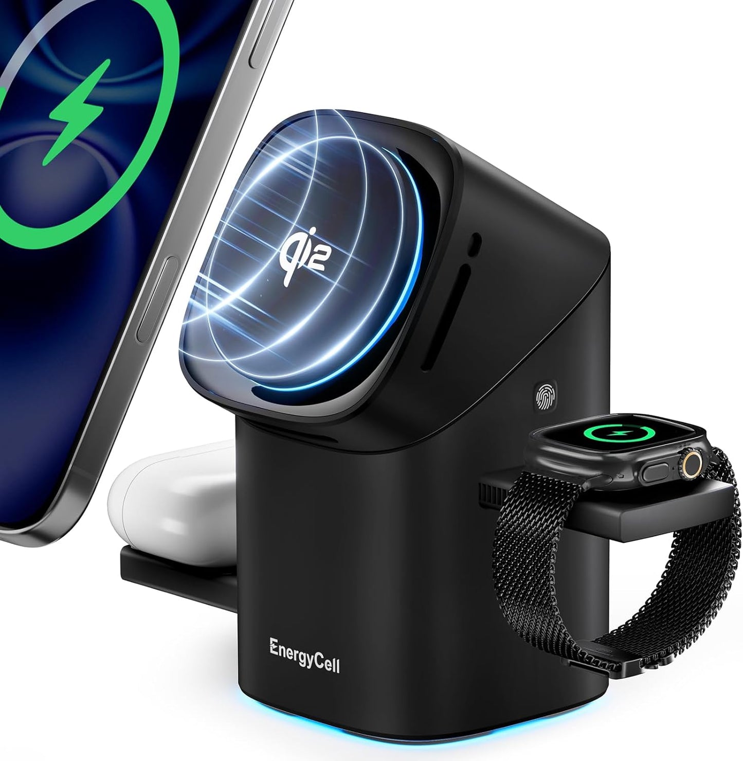 EnergyCell Qi2 Certified Rotating 3-in-1 Wireless Charger