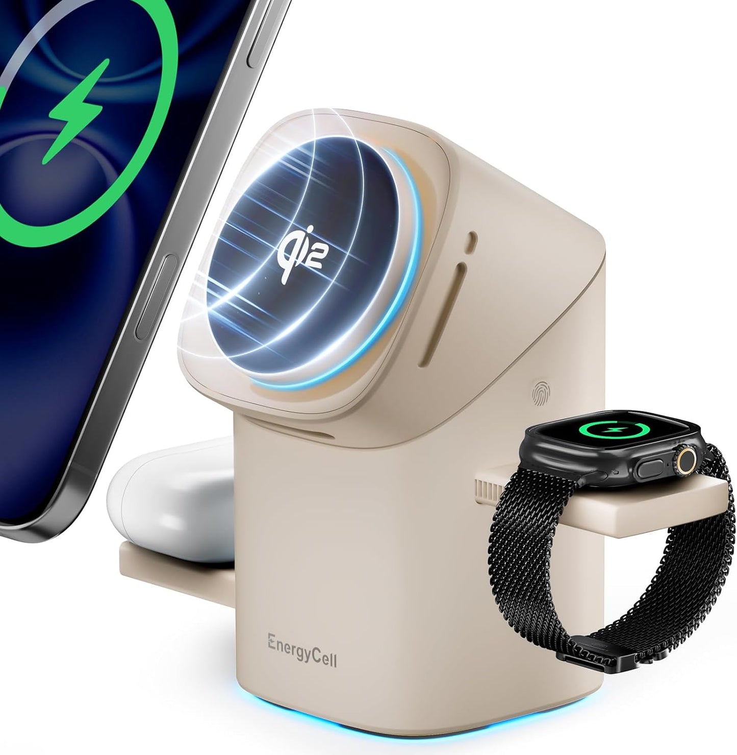 EnergyCell Qi2 Certified Rotating 3-in-1 Wireless Charger