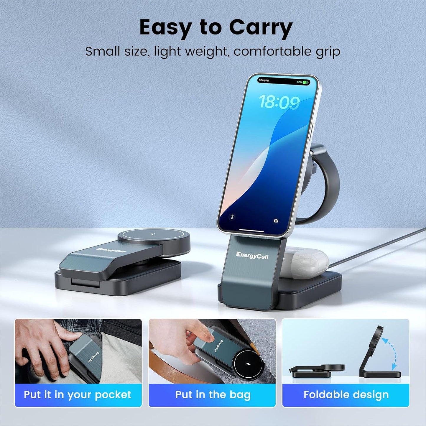 EnergyCell 3-in-1 Wireless Charging Station for Apple Devices