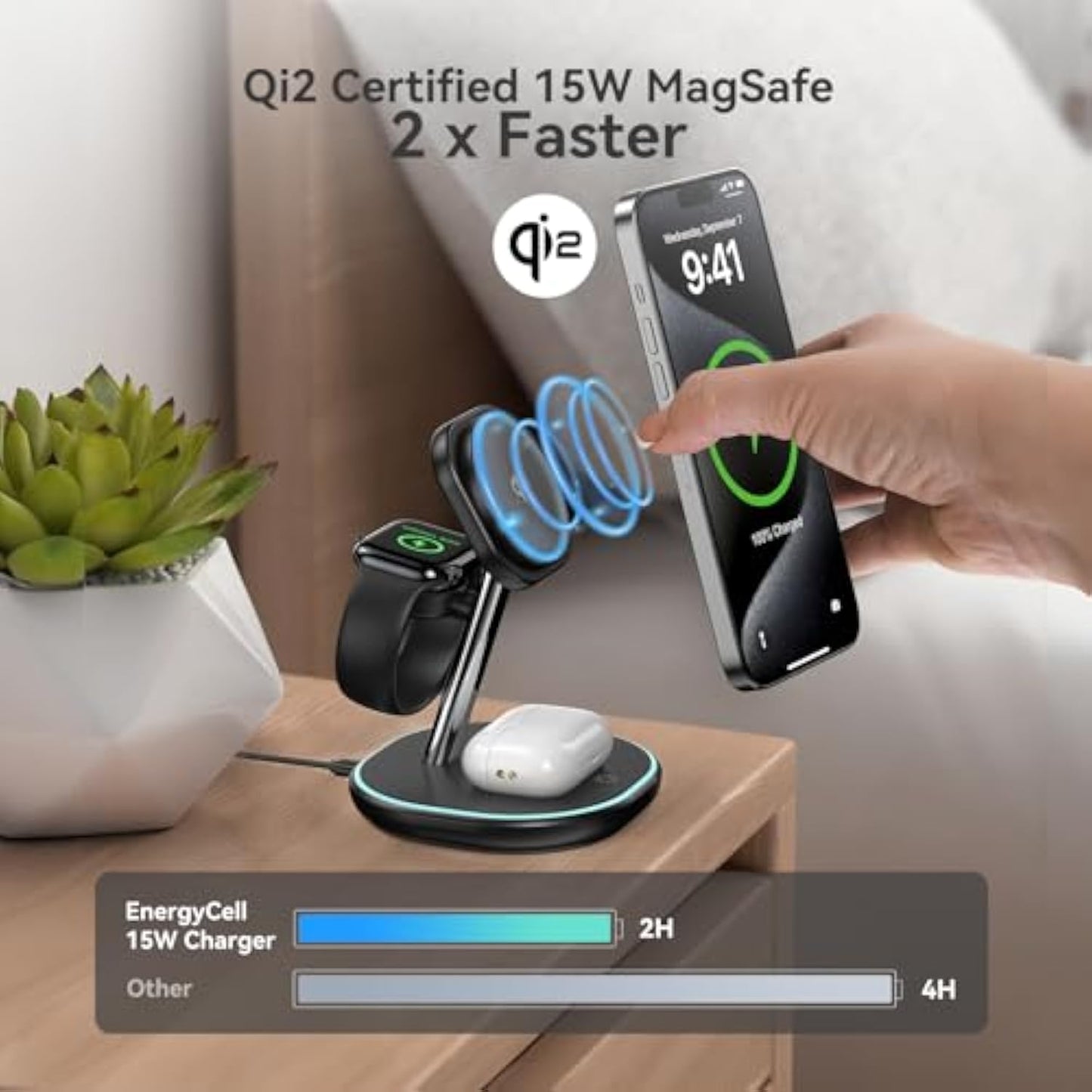 EnergyCell 15W Fast Qi2 Charger: 3-in-1 Magnetic Station for Apple Devices