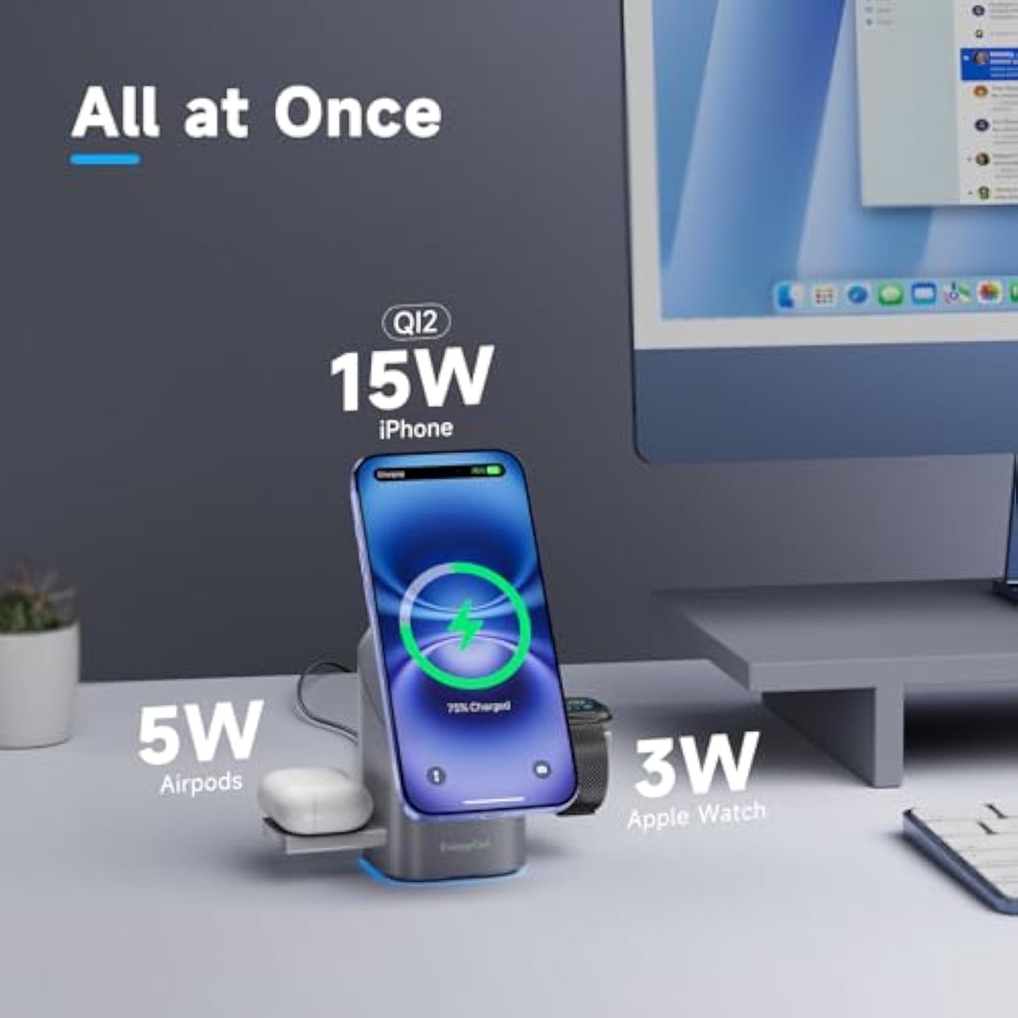 EnergyCell Qi2 Certified Rotating 3-in-1 Wireless Charger