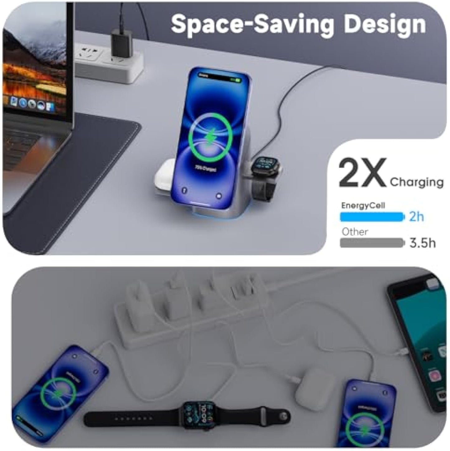 EnergyCell Qi2 Certified Rotating 3-in-1 Wireless Charger
