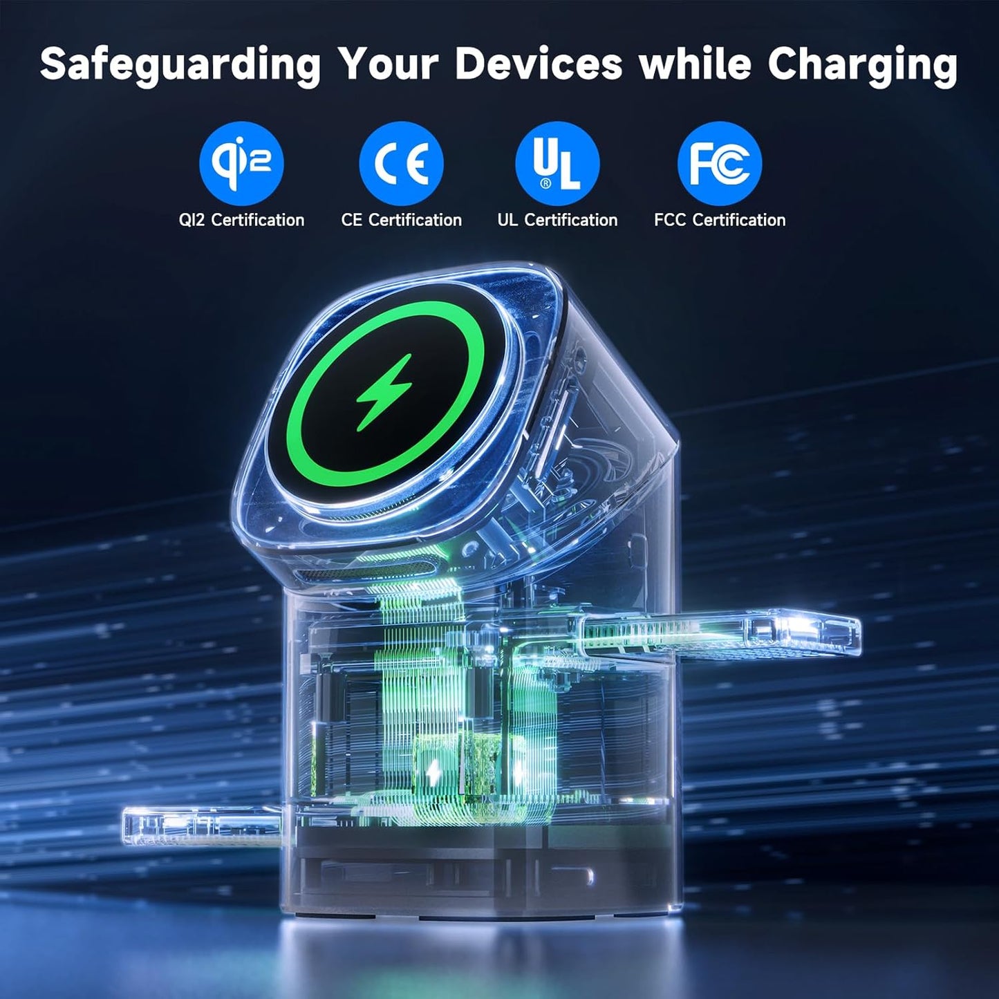 EnergyCell Qi2 Certified Rotating 3-in-1 Wireless Charger