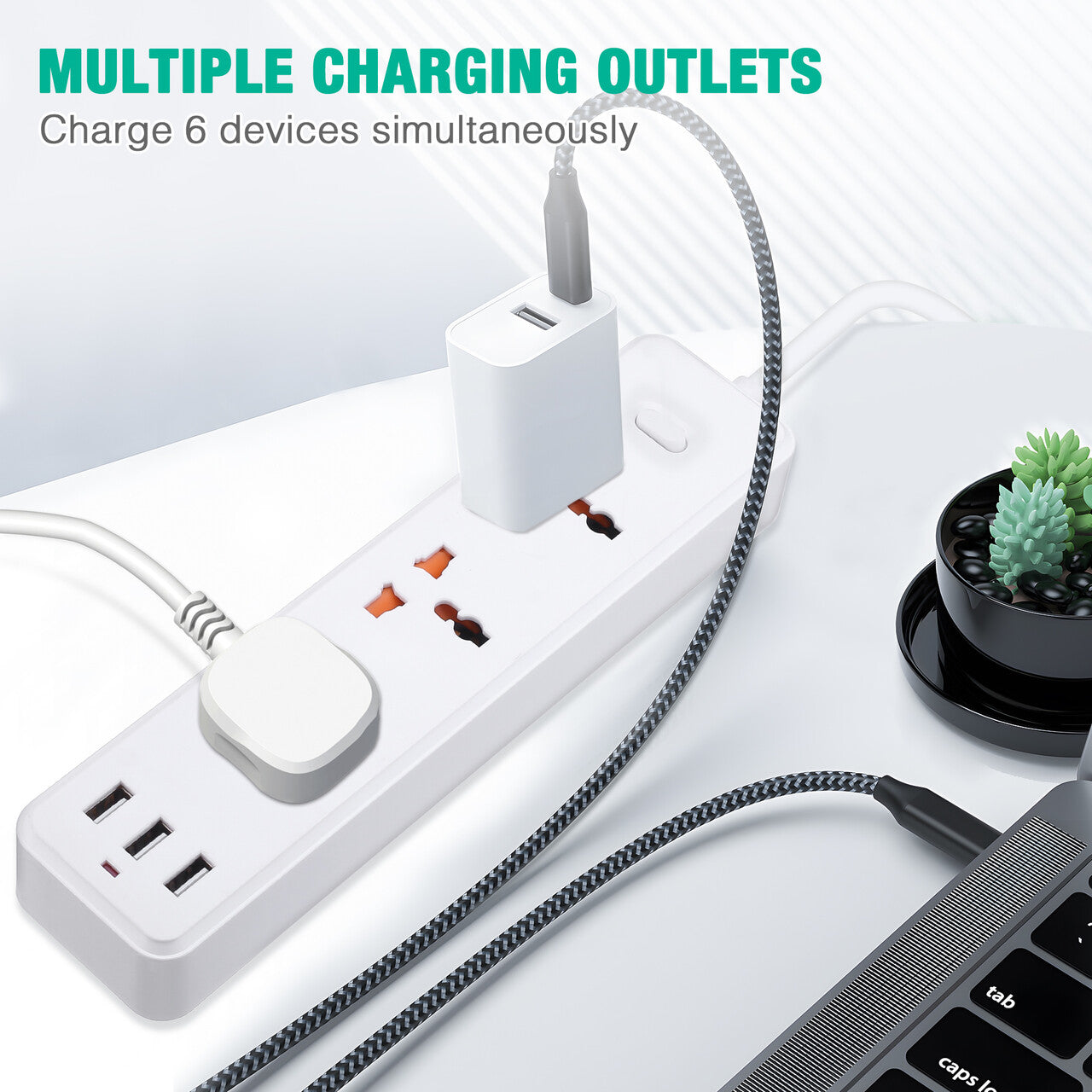 Power Strip Surge Protector Extender with 3 USB Ports 3 Outlet Plugs 1.2M Cord