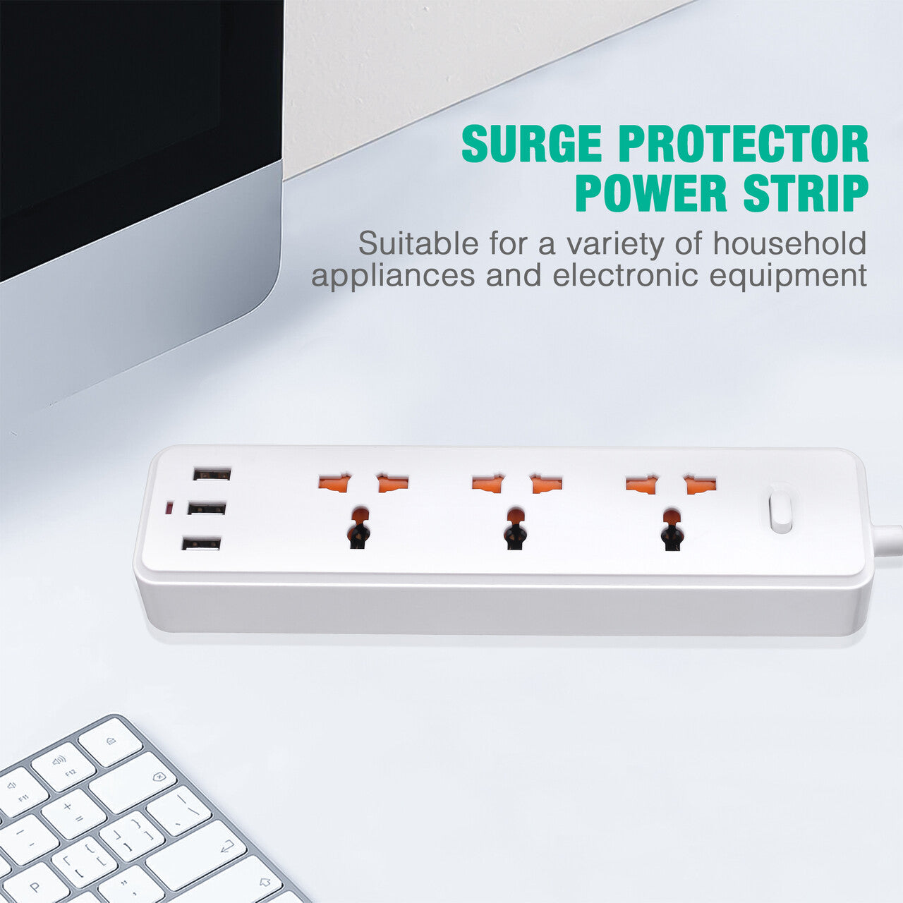 Power Strip Surge Protector Extender with 3 USB Ports 3 Outlet Plugs 1.2M Cord