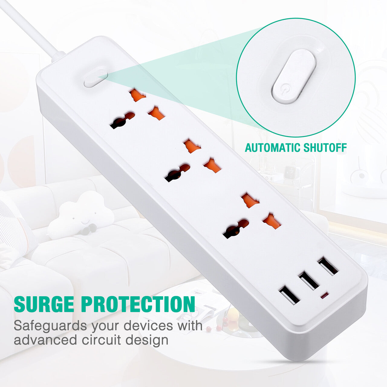 Power Strip Surge Protector Extender with 3 USB Ports 3 Outlet Plugs 1.2M Cord