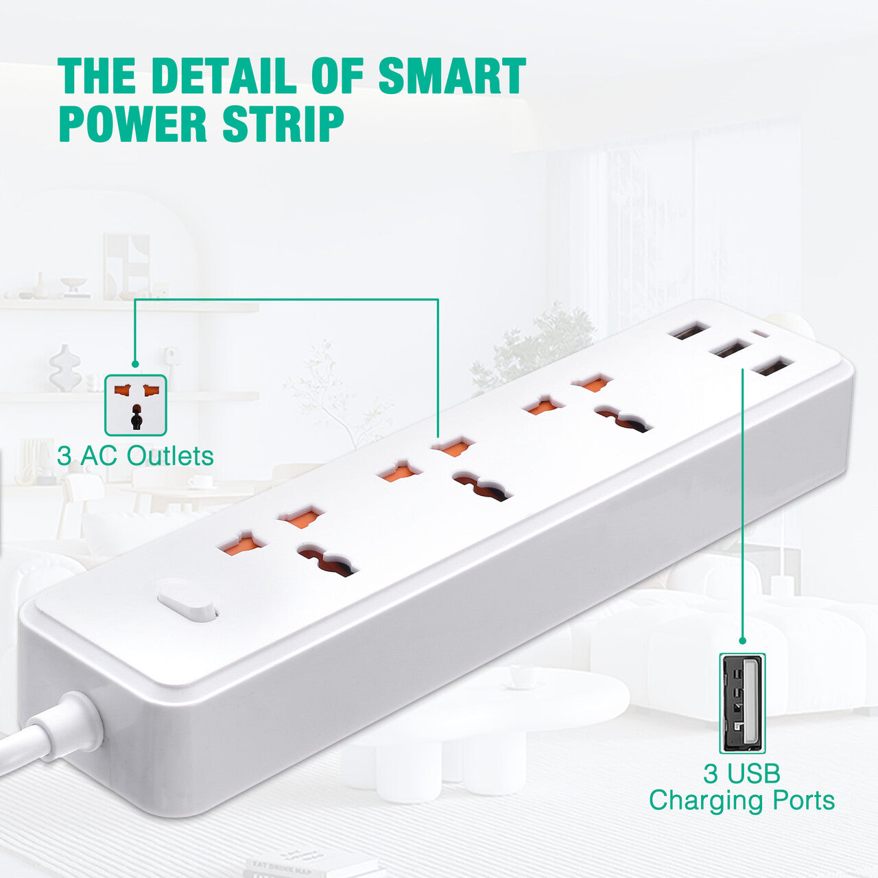 Power Strip Surge Protector Extender with 3 USB Ports 3 Outlet Plugs 1.2M Cord
