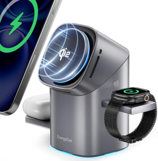 EnergyCell Qi2 Certified Rotating 3-in-1 Wireless Charger