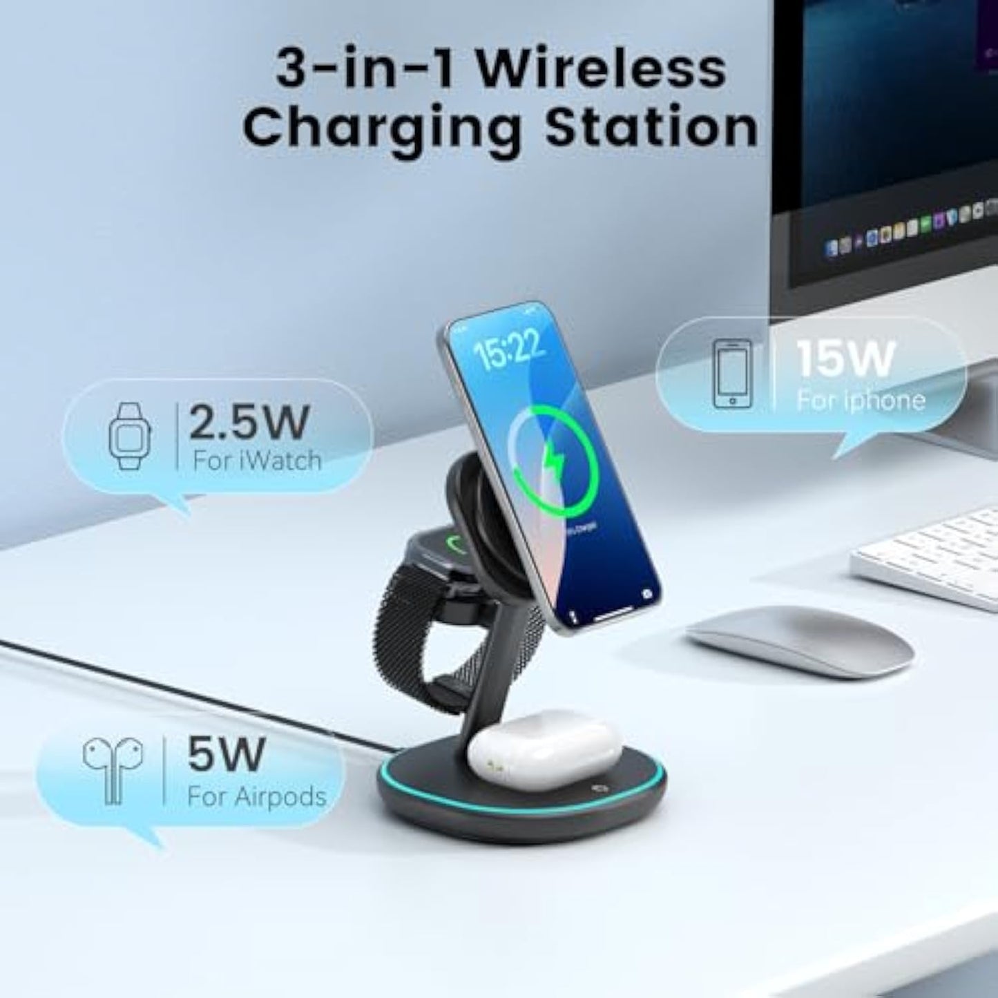 3-in-1 Charging Station, 2X Faster 15W Wireless Charging Station for iPhone