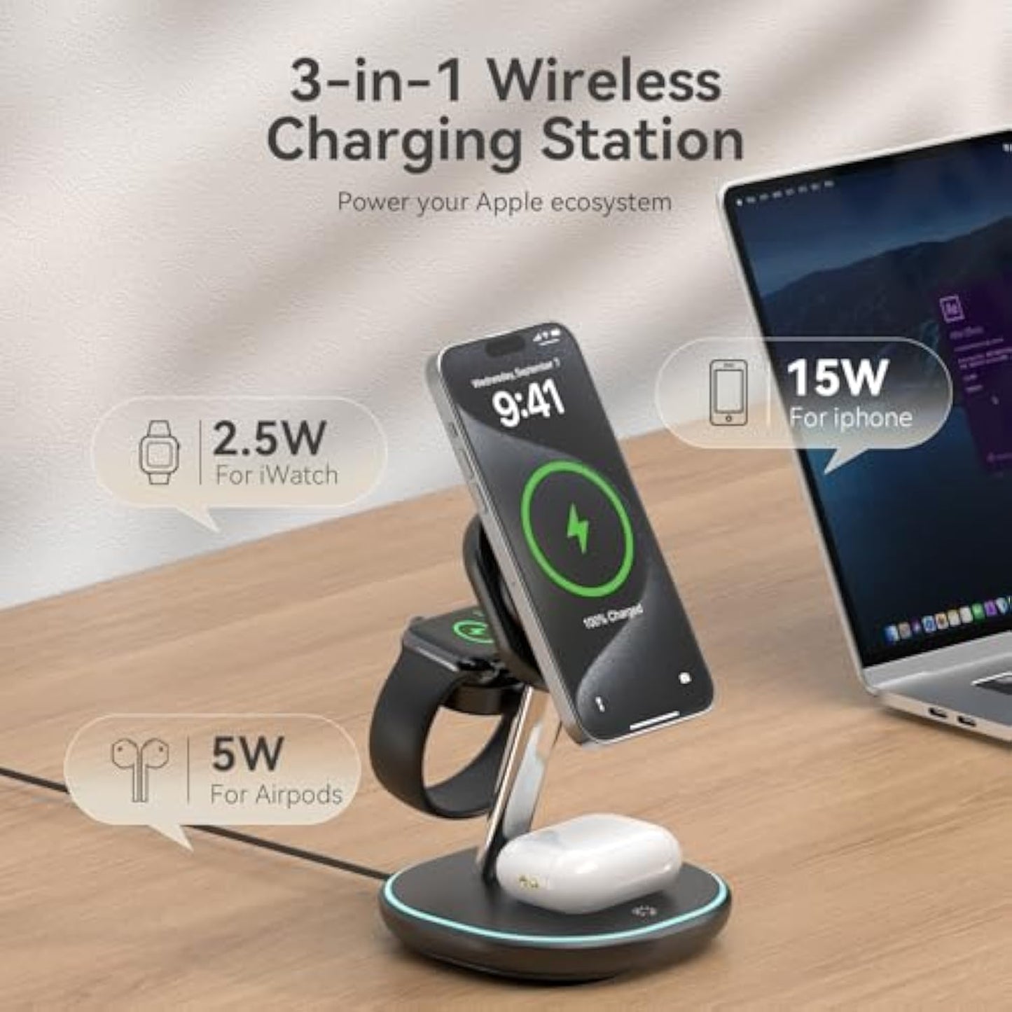 EnergyCell 15W Fast Qi2 Charger: 3-in-1 Magnetic Station for Apple Devices